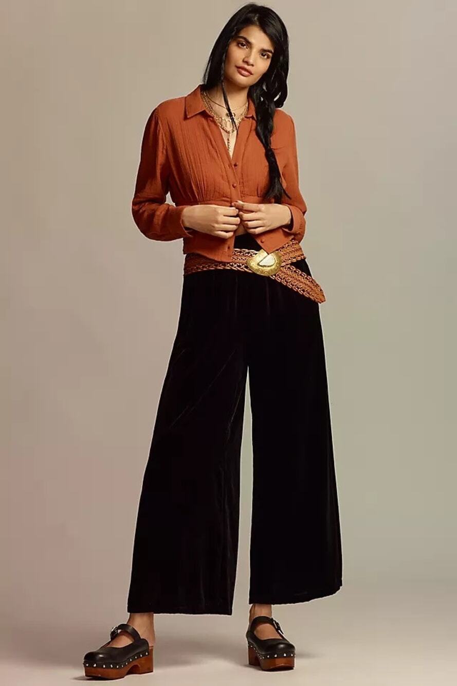 [Anthropologie] Black Velvet The Somerset Wide Leg Pants Elastic Waist NWT Sz XS